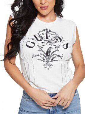 Guess White Short Sleeve Graphic Tee with Black Embellished Print Size L